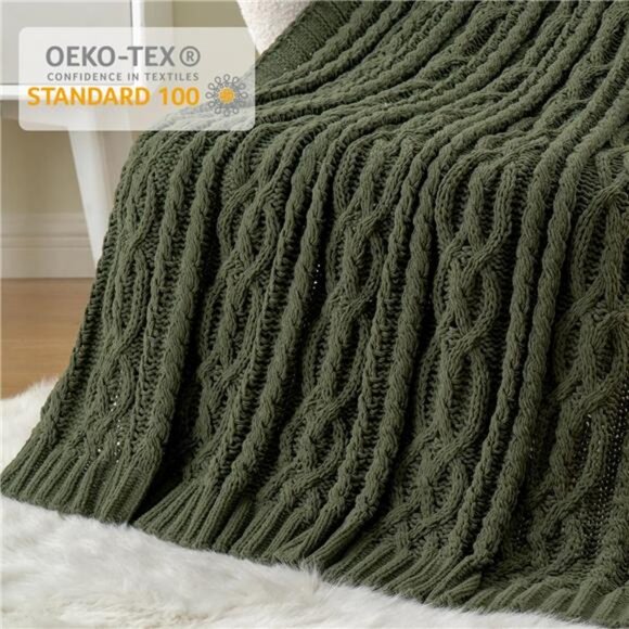 Olive Green Throw Blanket Chunky Cable Knit Soft Cozy Chenille Blanket for Couch - Picture 4 of 7